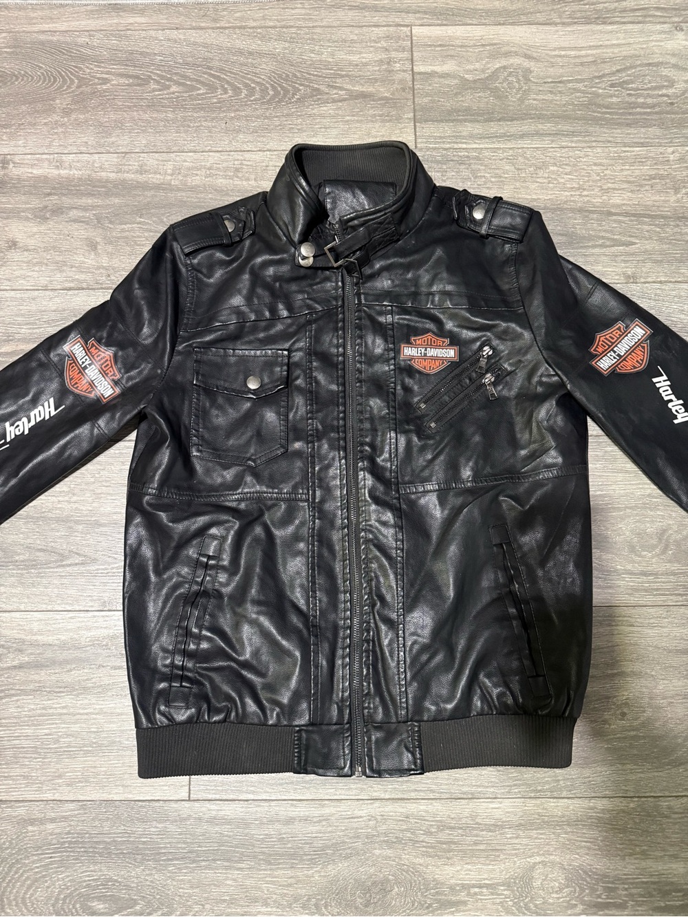 Harley-Davidson Black Leather Bomber Jacket with Orange Patch Accents